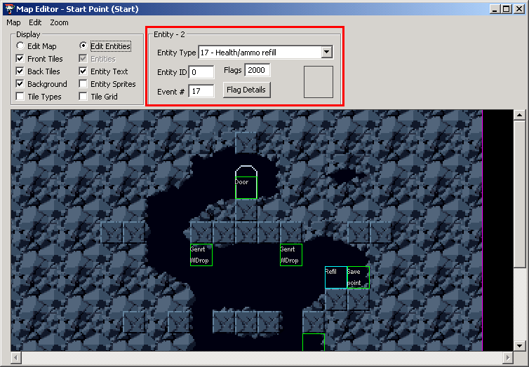 A screenshot of the CaveEditor interface highlighting the entity options panel.