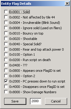 A detailed screenshot of the CaveEditor entity flag dialogue.